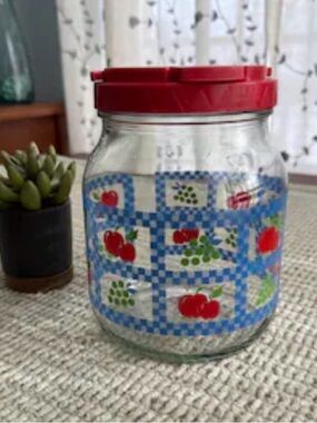Sun Tea - Vintage Red-Lid Glass Storage Jar with Blue Check & Fruit Motif -